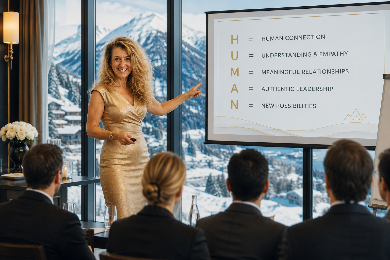Carmen als Trainerin: Excellence in Hospitality — Human Connection, vor Bergpanorama