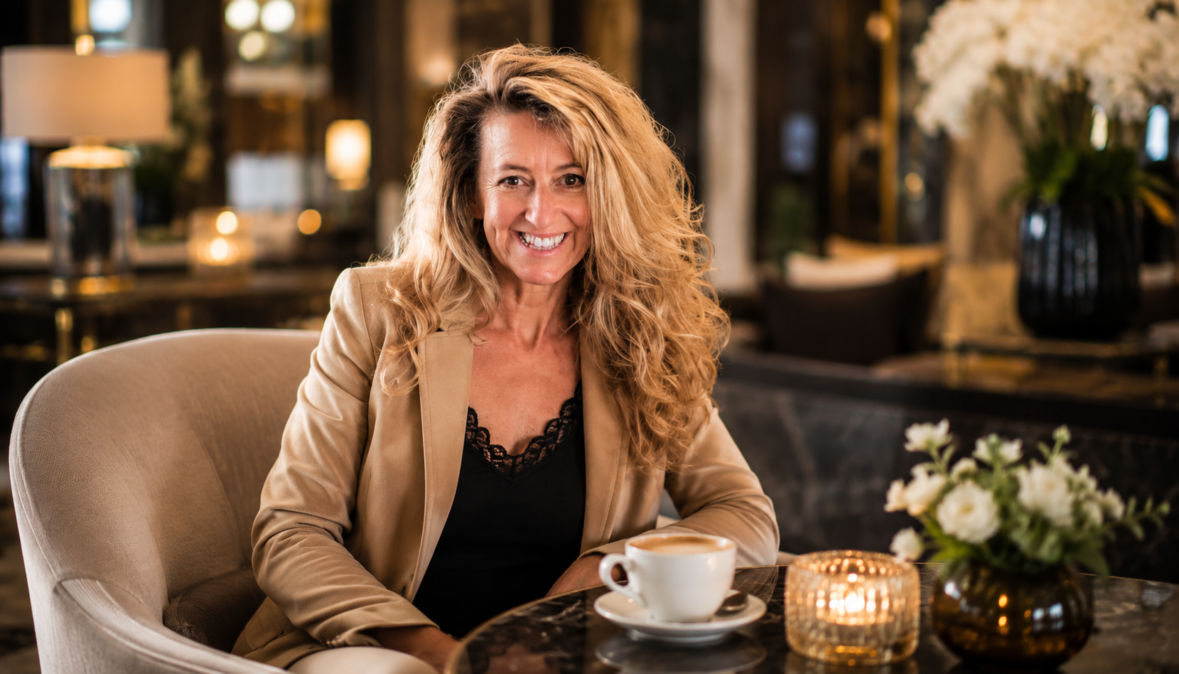 Carmen Cornelia Haselwanter in einer stilvollen Hotel-Lounge